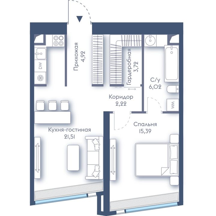 1-комнатная квартира, 53,8 м²