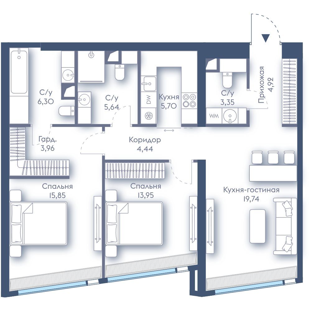 2-комнатная квартира, 83,8 м²