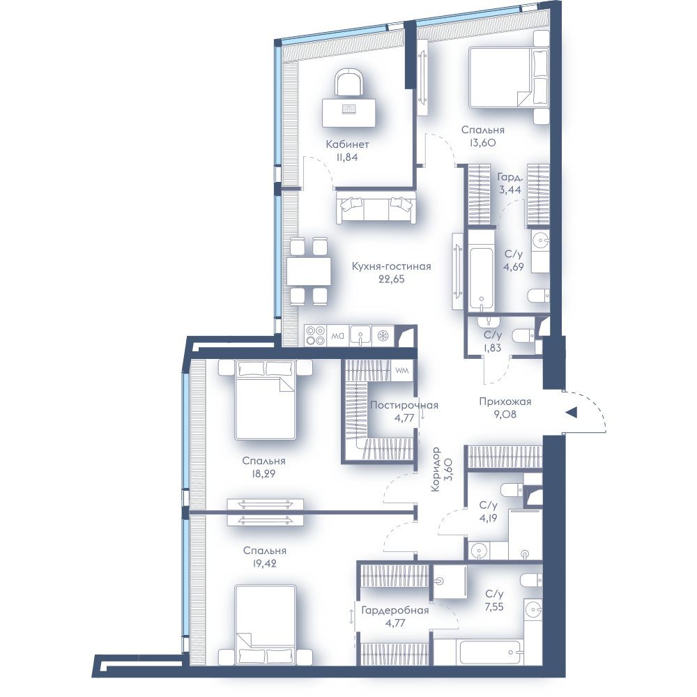 3-комнатная квартира, 129,7 м²