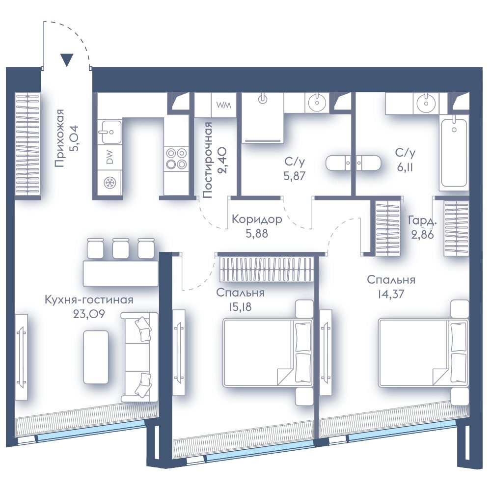 2-комнатная квартира, 80,8 м²