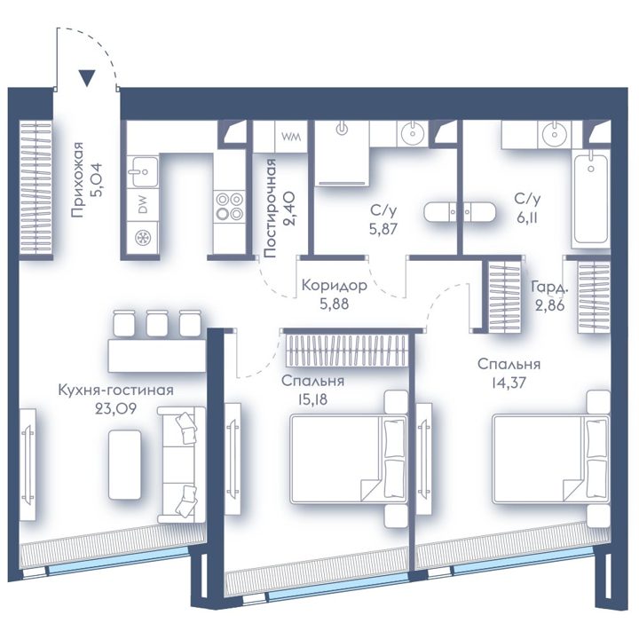 2-комнатная квартира, 80,8 м²