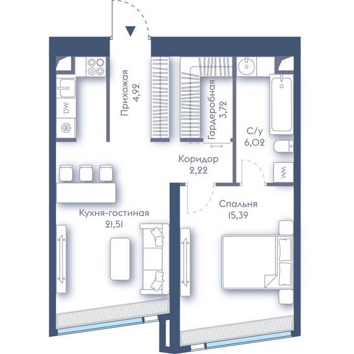 1-комнатная квартира, 53,8 м²