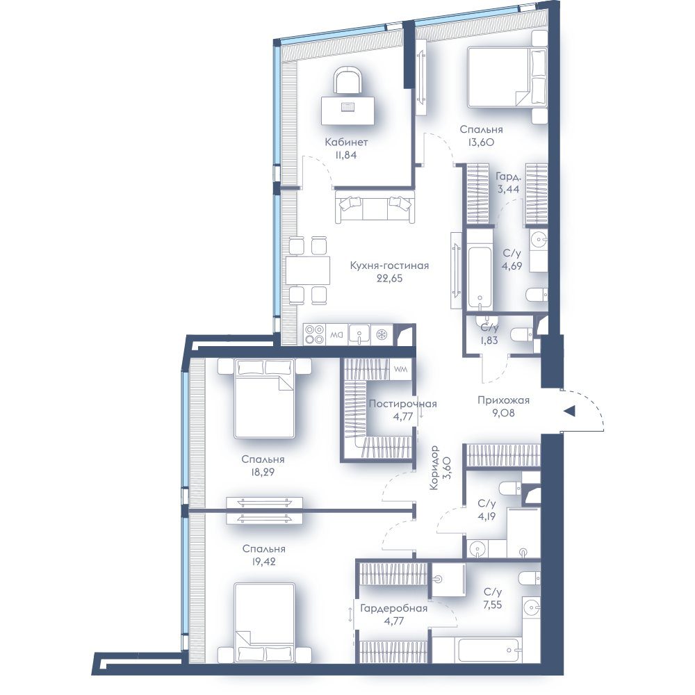 3-комнатная квартира, 129,7 м²