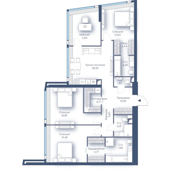 3-комнатная квартира, 129,7 м² — фото 1