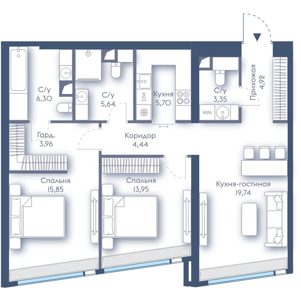 2-комнатная квартира, 83,8 м²