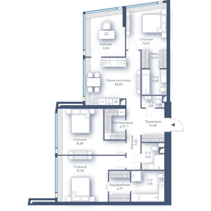 3-комнатная квартира, 129,7 м²