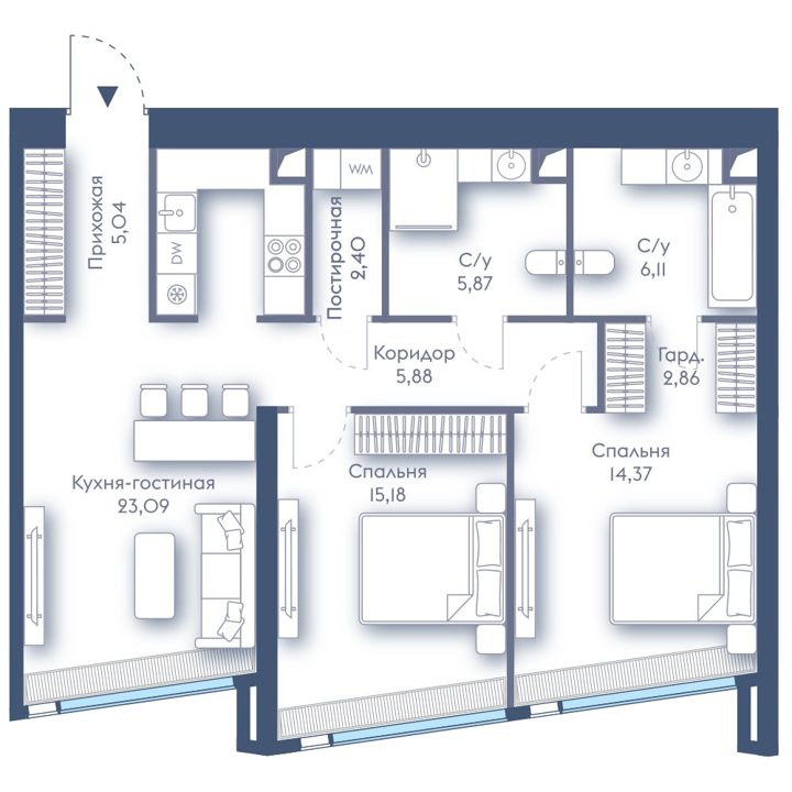 2-комнатная квартира, 80,8 м²