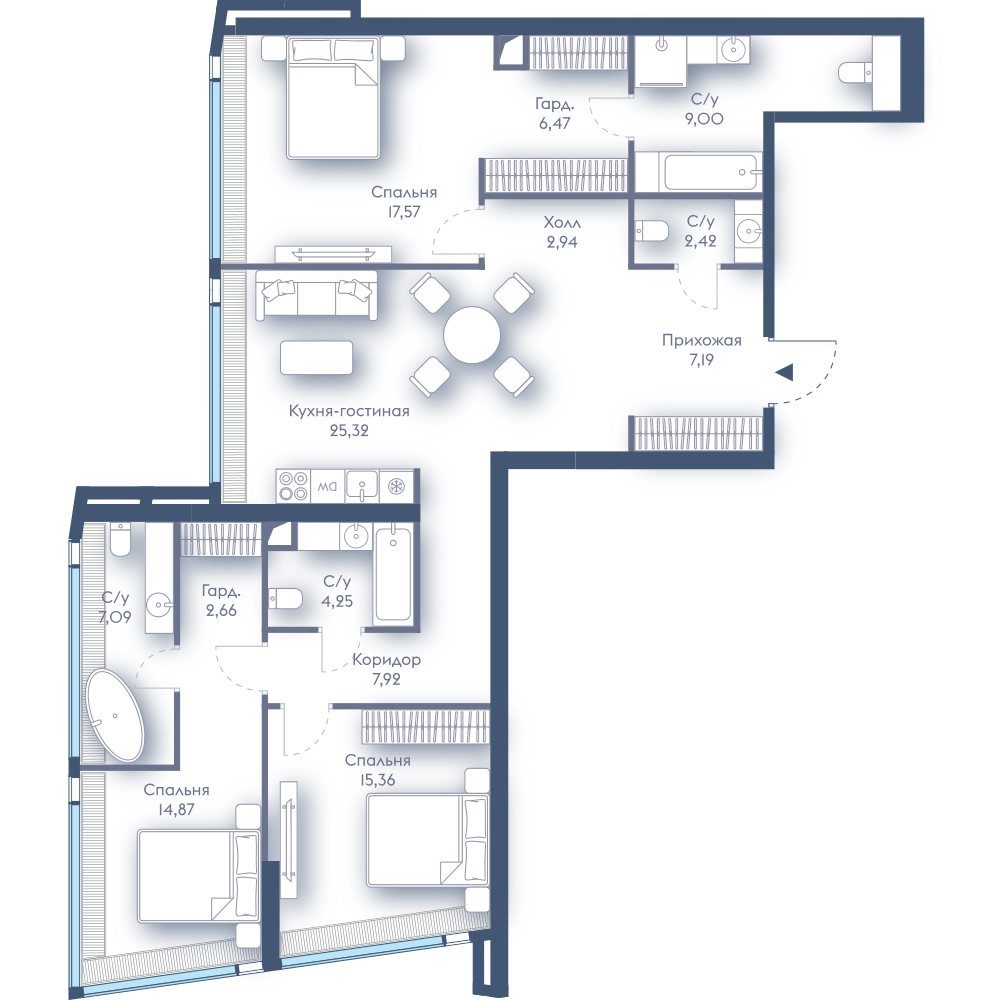 3-комнатная квартира, 123,1 м²