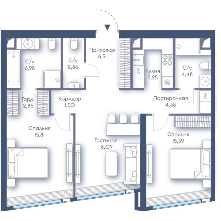 2-комнатная квартира, 84,1 м²