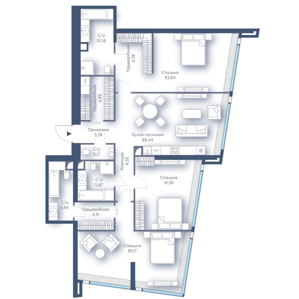 3-комнатная квартира, 149 м²