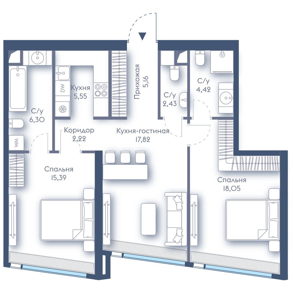 2-комнатная квартира, 77,3 м²