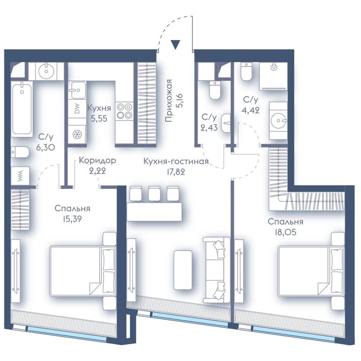 2-комнатная квартира, 77,3 м²