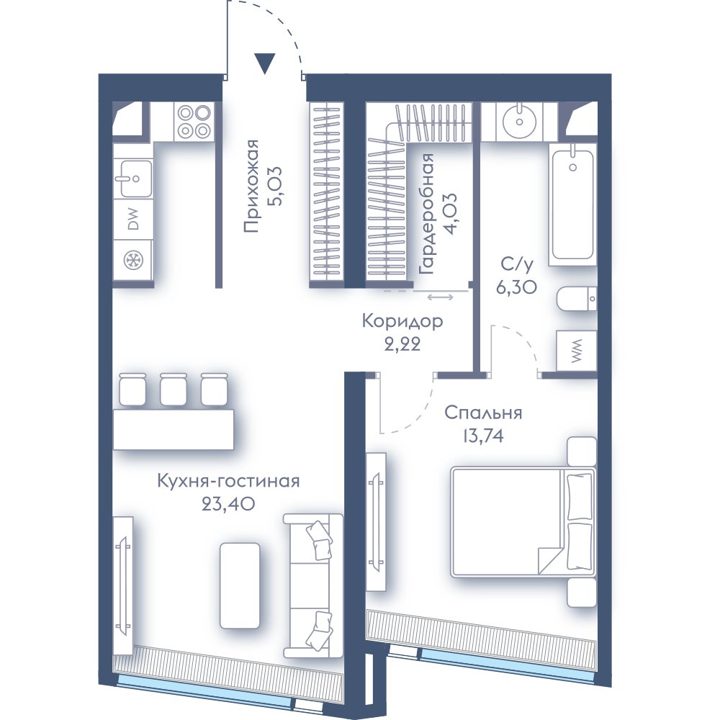 1-комнатная квартира, 54,7 м²