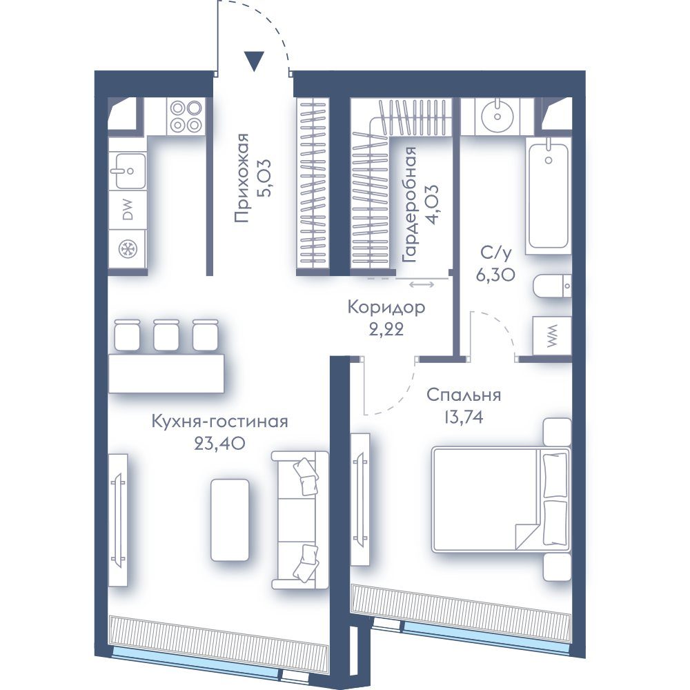 1-комнатная квартира, 54,7 м²