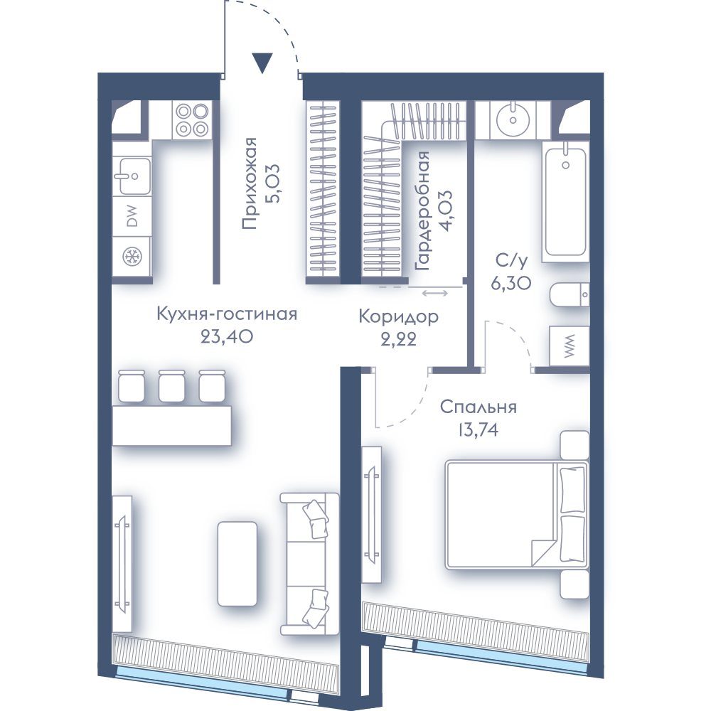 1-комнатная квартира, 54,7 м²