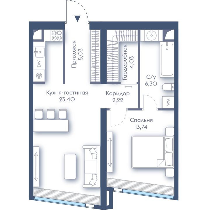 1-комнатная квартира, 54,7 м²