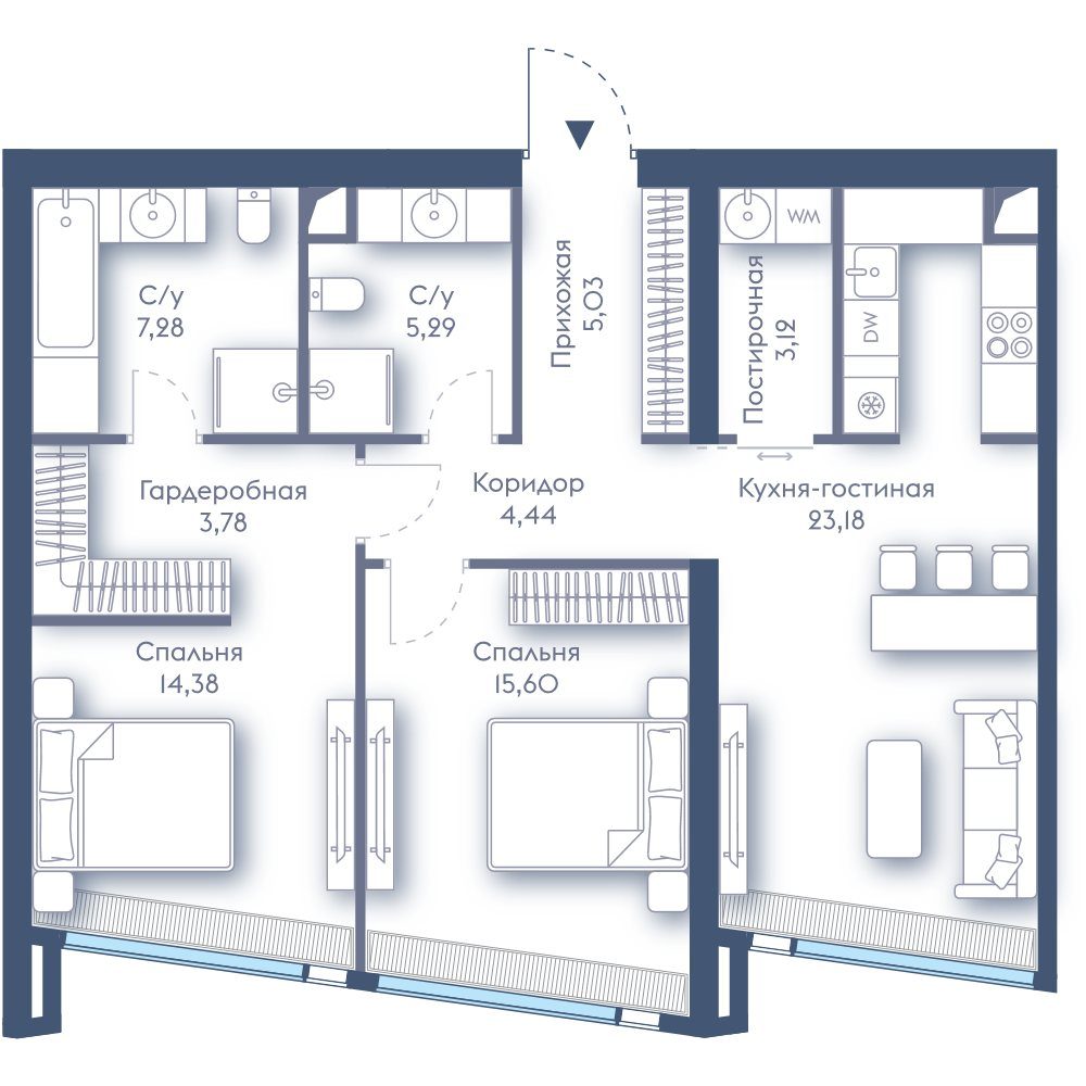 2-комнатная квартира, 82,1 м²