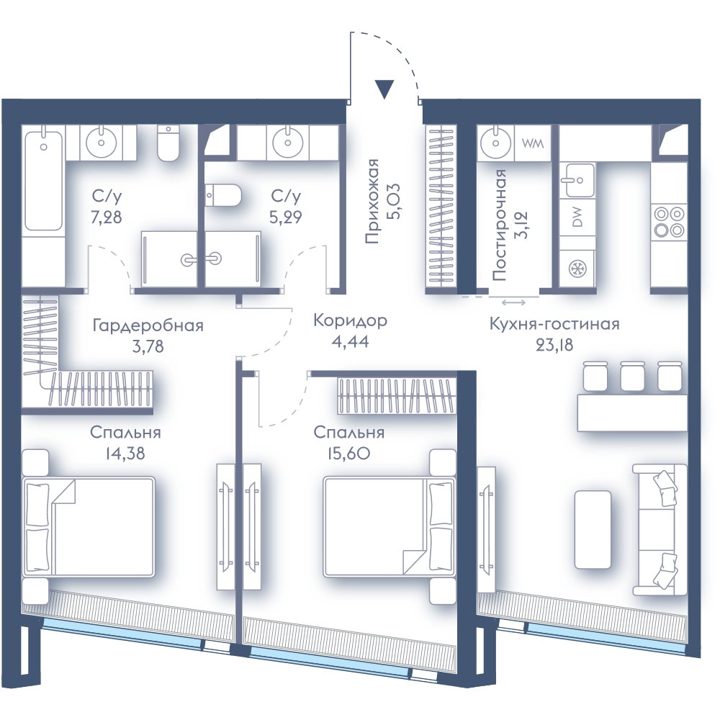 2-комнатная квартира, 82,1 м²
