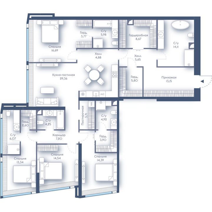 4-комнатная квартира, 183 м²