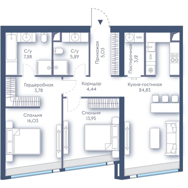 2-комнатная квартира, 83,8 м²