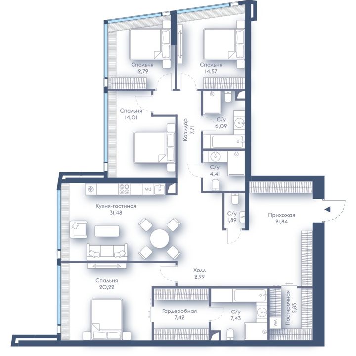 4-комнатная квартира, 158,7 м²
