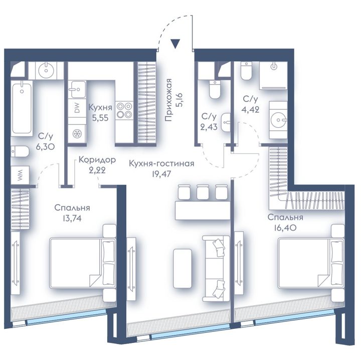 2-комнатная квартира, 75,7 м²