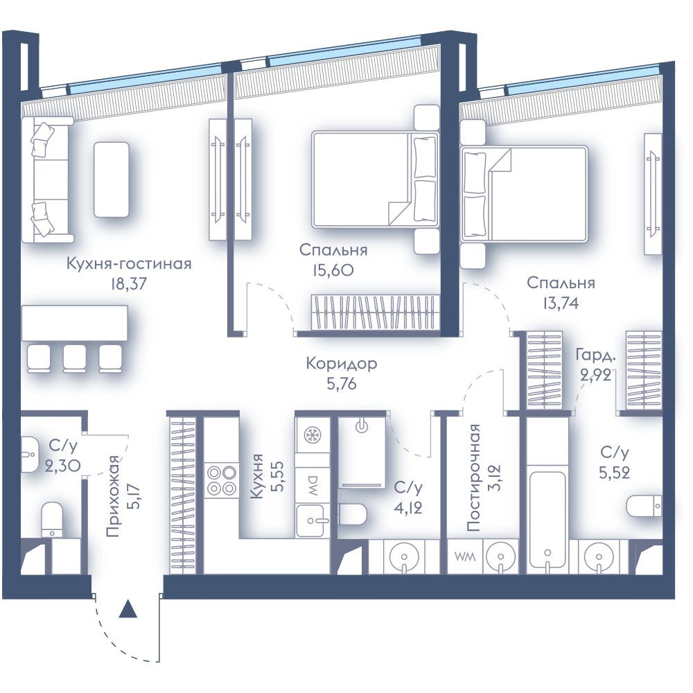 2-комнатная квартира, 82,2 м²