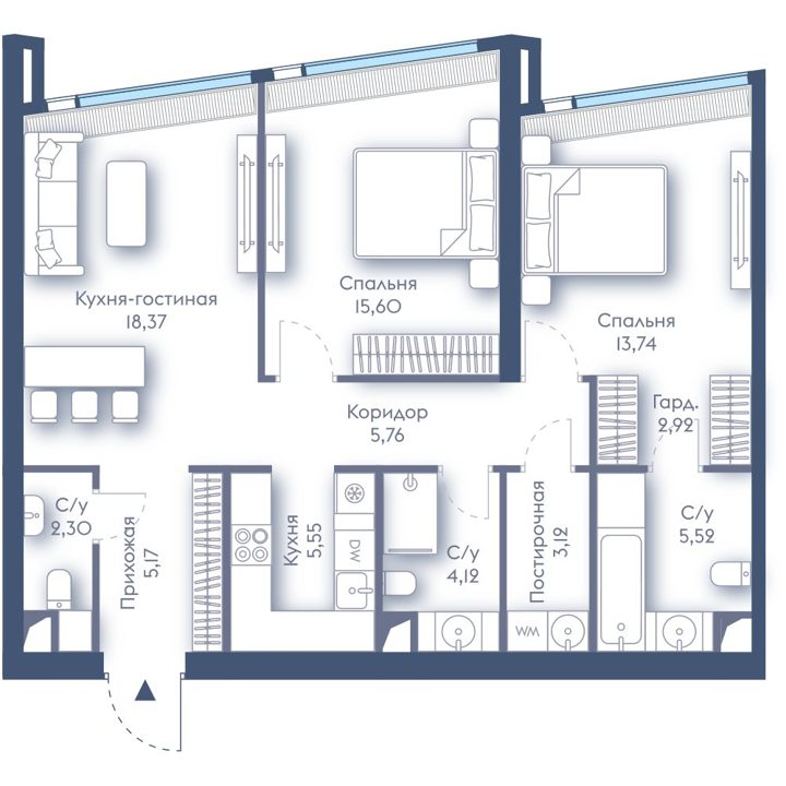 2-комнатная квартира, 82,2 м²
