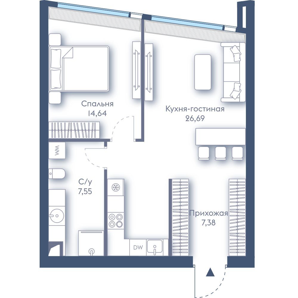 1-комнатная квартира, 56,3 м²