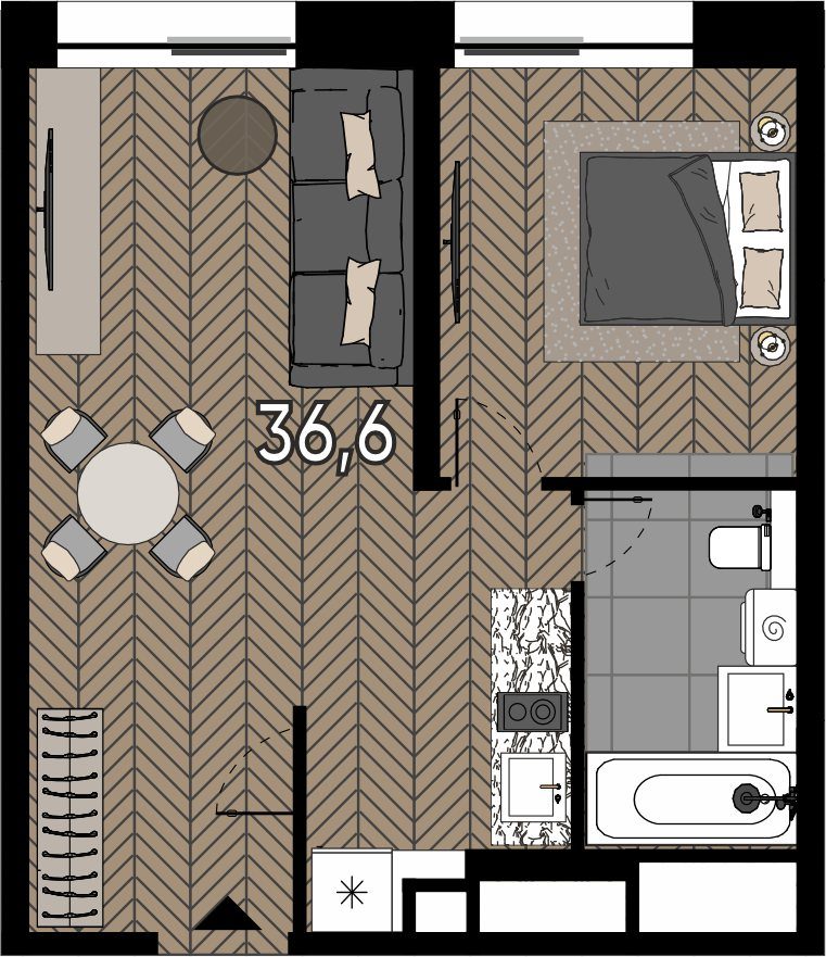 1-комнатные апартаменты, 36,5 м²