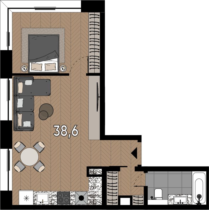 1-комнатные апартаменты, 38,6 м²