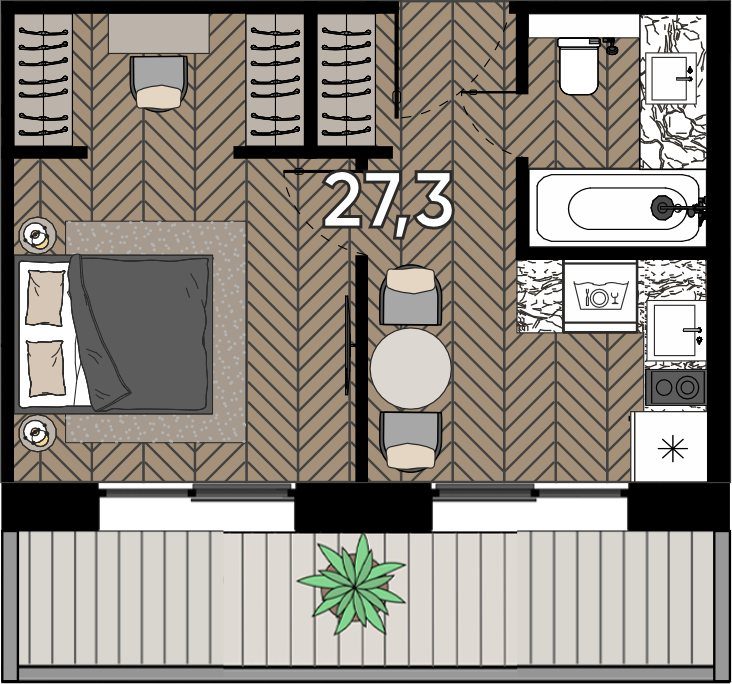Апартаменты-студия, 30,9 м²