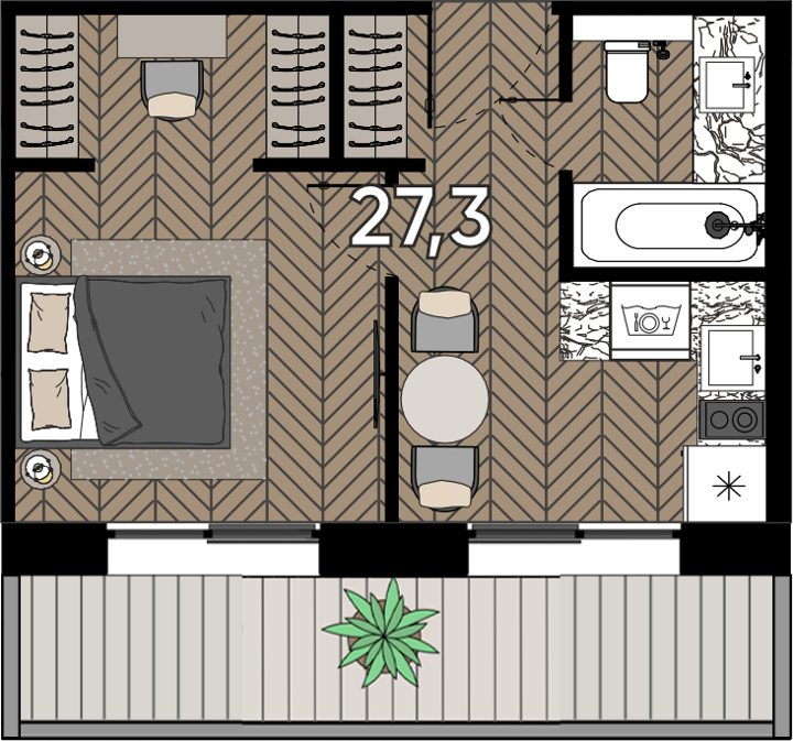 Апартаменты-студия, 30,9 м²