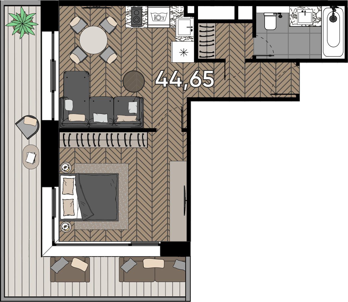 1-комнатные апартаменты, 51,9 м²