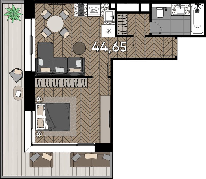 1-комнатные апартаменты, 51,9 м²