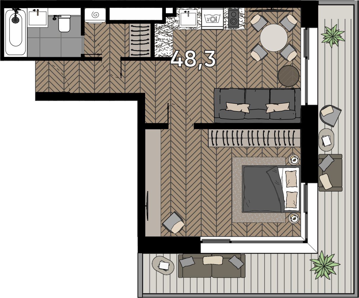 1-комнатные апартаменты, 56,1 м²