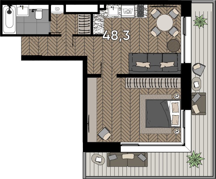 1-комнатные апартаменты, 56,1 м²