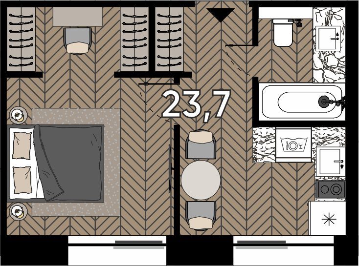 Апартаменты-студия, 23,7 м²
