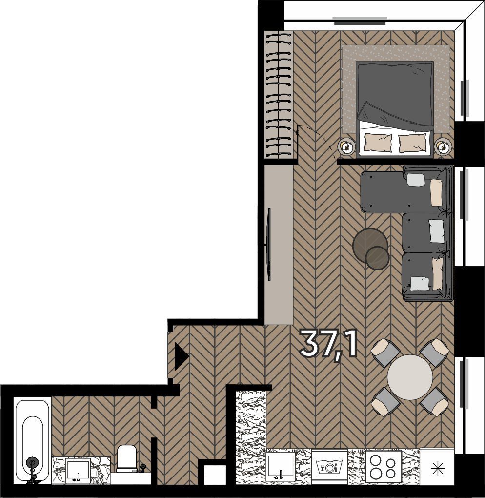 1-комнатные апартаменты, 37,1 м²