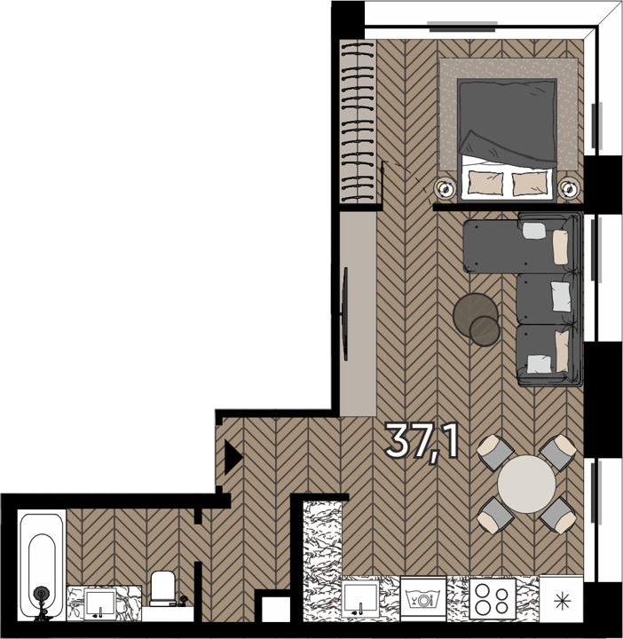 1-комнатные апартаменты, 37,1 м²