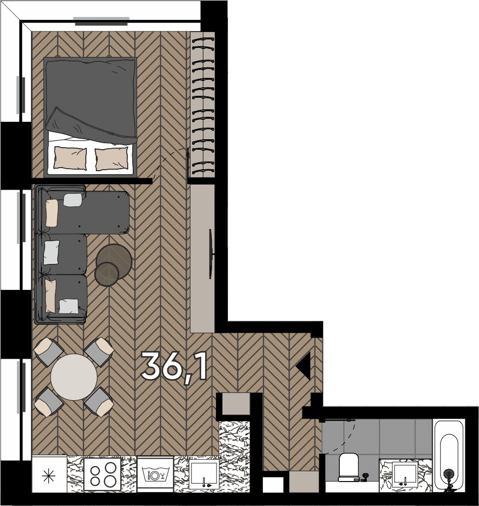 1-комнатные апартаменты, 36,1 м²