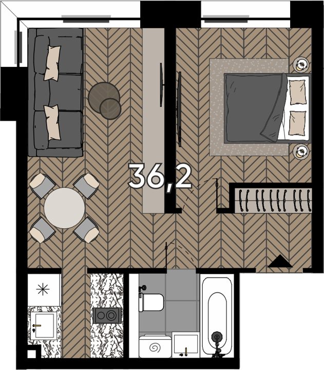 1-комнатные апартаменты, 36,2 м²
