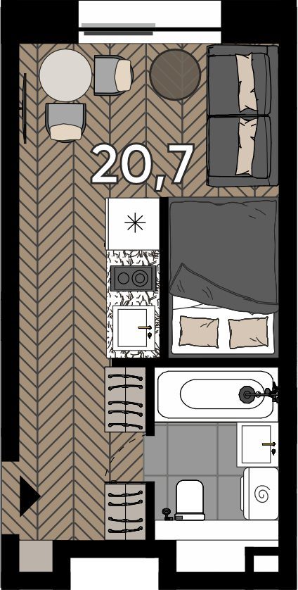 Апартаменты-студия, 20,7 м²
