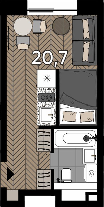 Апартаменты-студия, 20,7 м²