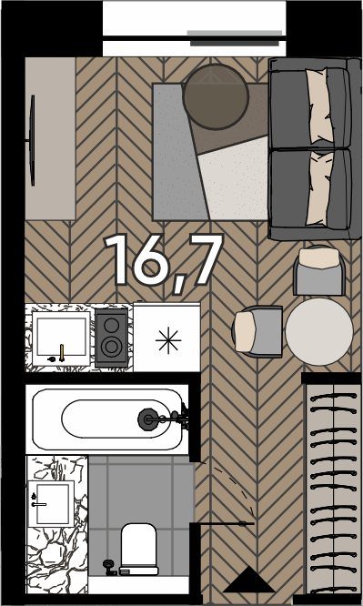 Апартаменты-студия, 16,7 м²
