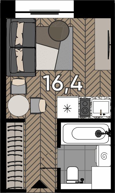 Апартаменты-студия, 16,4 м²