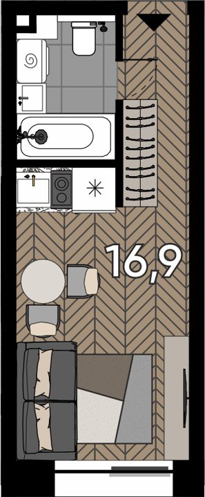 Апартаменты-студия, 16,9 м²