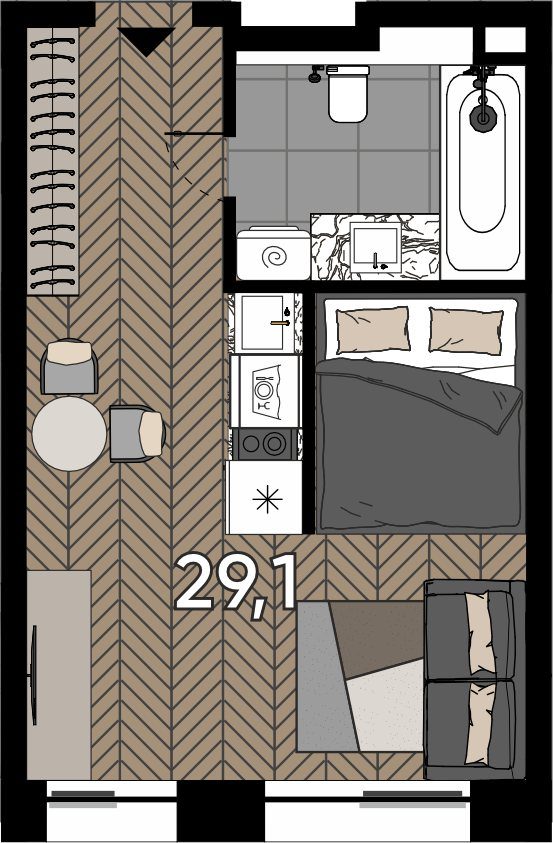 Апартаменты-студия, 29,1 м²