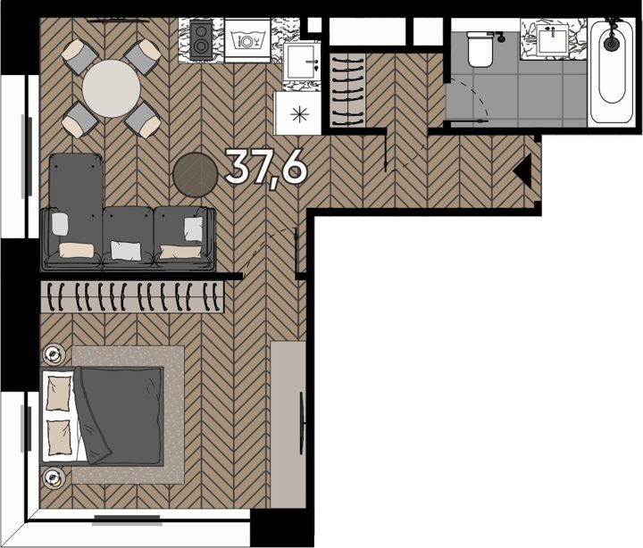 1-комнатные апартаменты, 37,6 м²