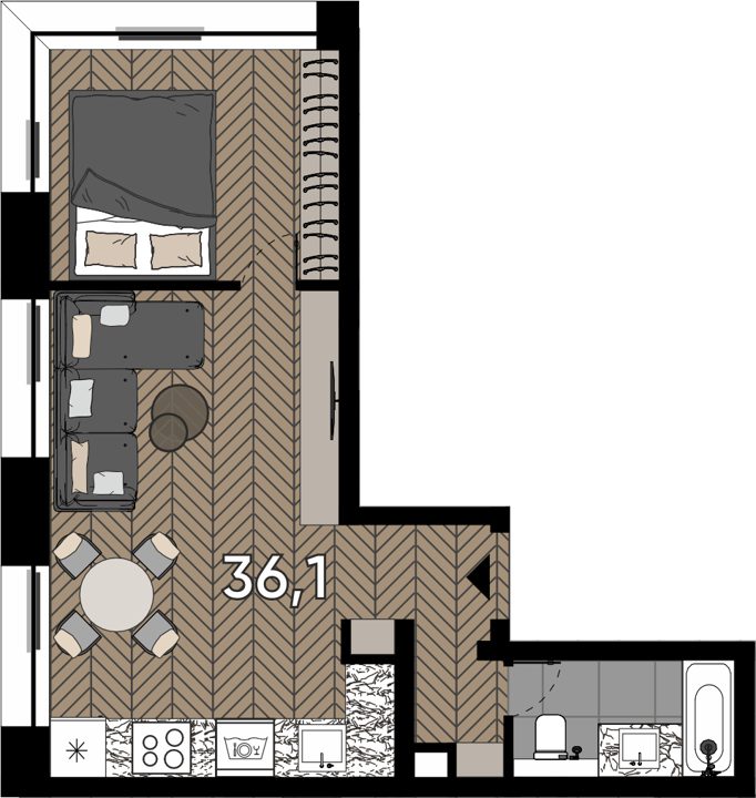 1-комнатные апартаменты, 36,1 м²